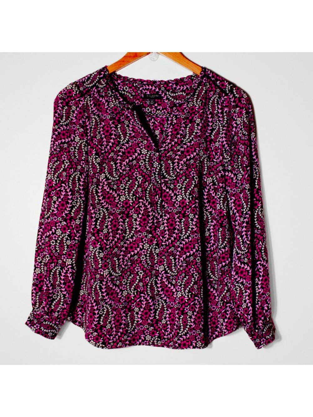 Talbots Ditsy Dark Floral Long Sleeve Popover Top Botanical Lace Scallop Trim P